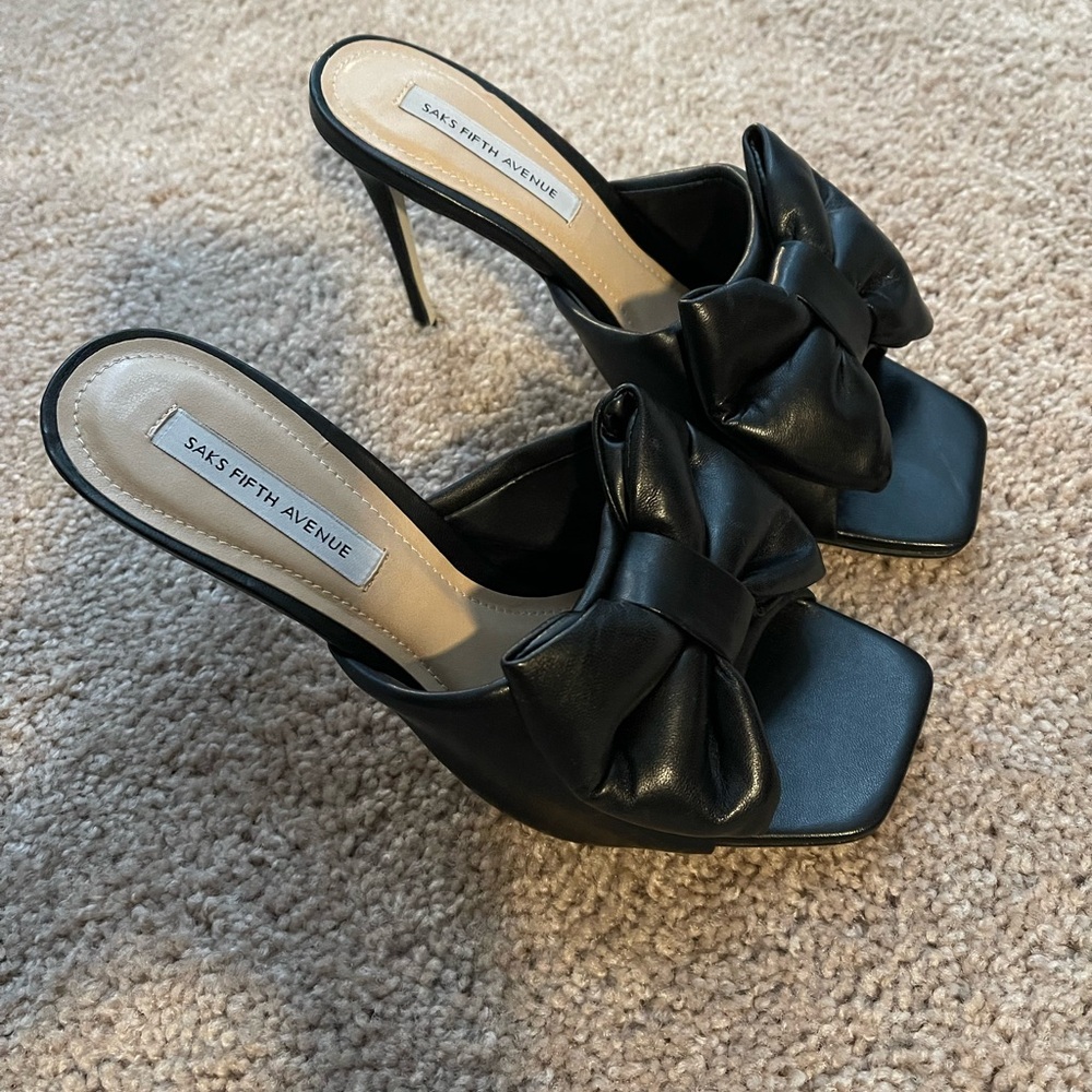 Saks Fifth Avenue Black Bow Heeled Mules